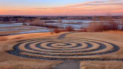 Spiral design in a field at dawn.
