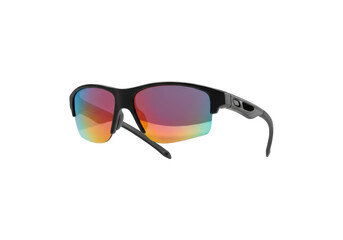 Black half-frame sports sunglasses with rainbow mirrored lenses, isolated on white background