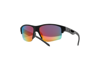 Black half-frame sports sunglasses with rainbow mirrored lenses, isolated on white background