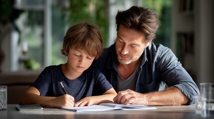 Father and son working together on homework in soft sunlight