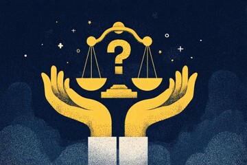 Golden scales of justice, held by hands, with a question mark, symbolizing uncertainty in a legal context