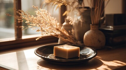 Block of soap on a dark plate, surrounded by dried plants.