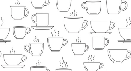 Seamless pattern of coffee cups and mugs in black and white, vector design