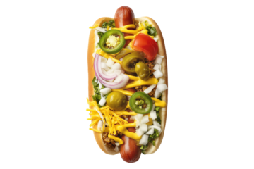 Colombia Perro Caliente Hot Dog Colombiano topped with mustard, red onions, pickles, tomatoes, isolated on white background