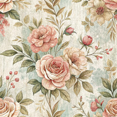 Seamless pink roses floral pattern, vintage vector illustration with green leaves, retro decorative spring summer flower wallpaper design