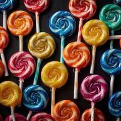 Colorful spiral lollipops on a dark background