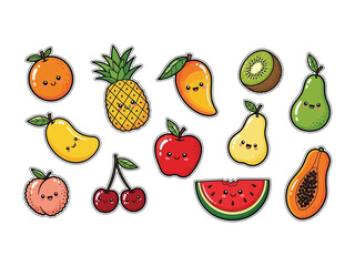 Smiling Fruit Parade: A vibrant assortment of playfully illustrated fruits, radiating cheerfulness and wholesome goodness. Featuring an eye-catching display of sunny personalities!