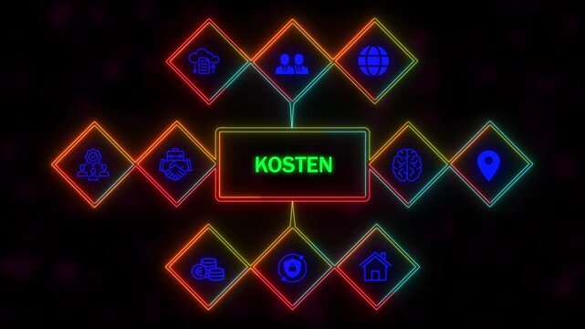 A 'KOSTEN' concept button on a futuristic .Neon Abstract seamless animation of hue effect background. 4k video