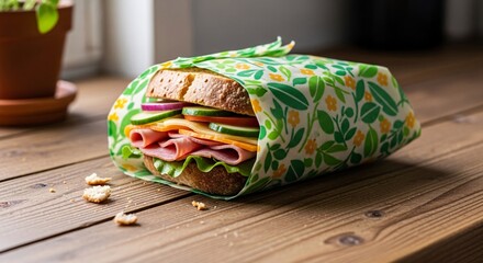 Healthy sandwich wrapped in reusable beeswax food wrap on wooden table