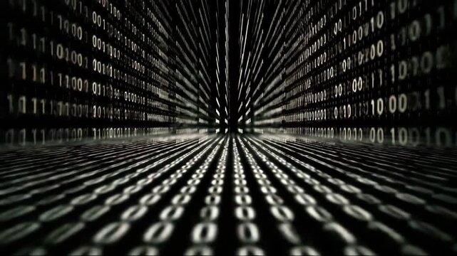 Digital binary code flowing in a dark tunnel perspective, representing the concept of quantum data transmission  