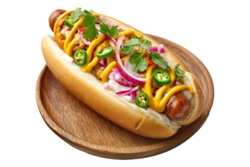 Colombia Perro Caliente Hot Dog Colombiano topped with mustard, red onions, pickles, tomatoes, isolated on white background