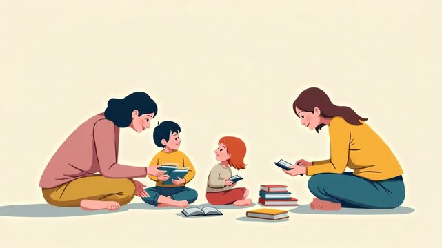 Nurturing Learning: Mothers and Children Engaging in Shared Educational Experiences - Stock Photo with Space for Text
