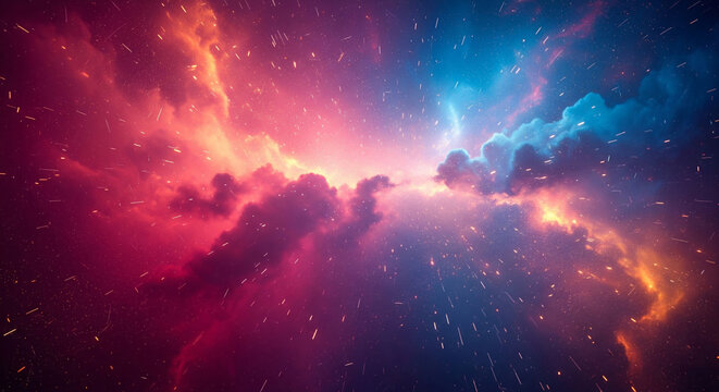 An abstract space background of a vibrant nebula with glowing cosmic dust and stars in a beautiful mix of red, pink, and blue, representing cosmic energy and discovery.