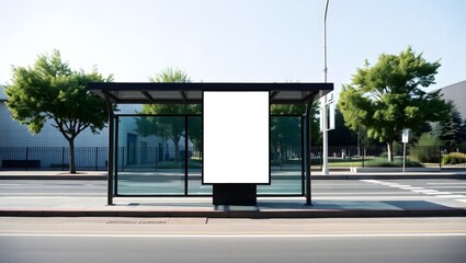 Naklejka premium Modern bus stop shelter showcases a blank billboard for impactful urban advertising campaigns and transit promotions