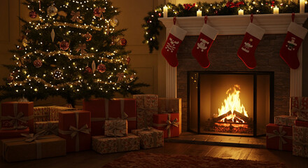 Background image of fireplace with christmas decorations