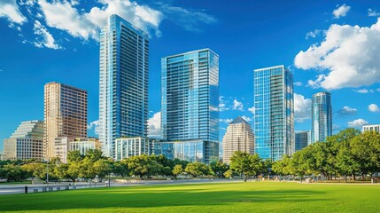 Obraz premium Skyscraper office buildings under blue sky