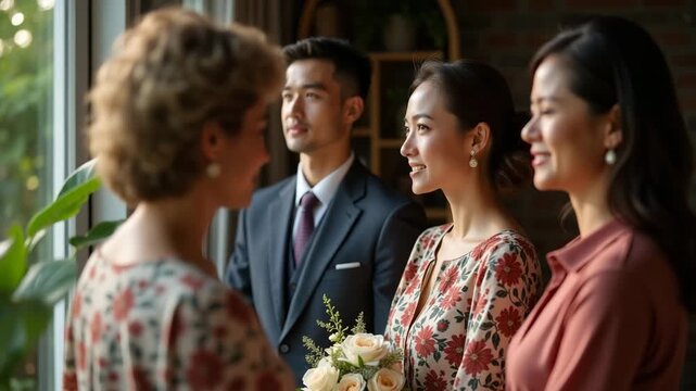 Dignified Portrait of Multi-Generational Family Honoring Father at Heritage Ceremony with Floral Arrangements in Formal Attire - Editorial Stock Photography with Left Space for Text
