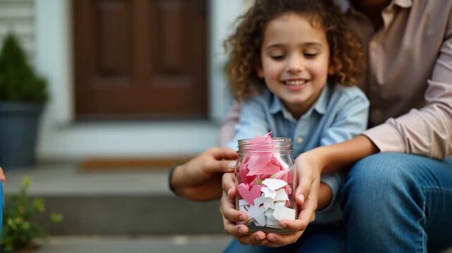 Heartfelt Gift from Child: Close-Up of Notes in Jar for Father on Porch Steps - Emotion-Driven Stock Image with Empty Space for Text