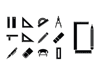 Geometric Instruments Silhouette: A collection of precisely crafted black silhouette tools for geometric and drawing tasks, elegantly captured on a flat surface.