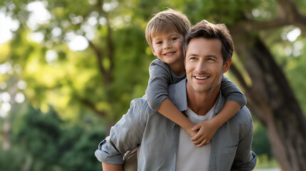 Father giving son piggyback ride in a park