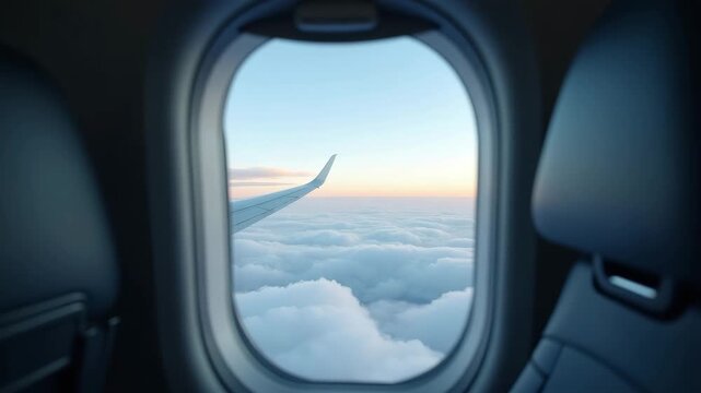 Aerial View of Receding Cloud Layers from Aircraft Cabin Window: Daytime Sky Travel Expedition with Empty Space for Text