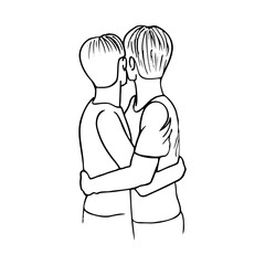 two men standing in an embrace looking in one direction, portrait from the back - hand drawn sketch line