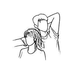 faceless portrait man and woman lying together, woman resting her head on man's outstretched arm - hand drawn sketch line