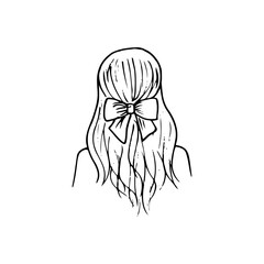 female head back view, loose shoulder length hair with bow - hand drawn sketch line