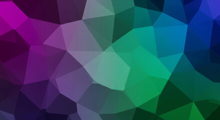 An abstract geometric background with a low-poly pattern of triangles and polygons in a vibrant gradient of purple, green, and blue, creating a modern and futuristic visual.