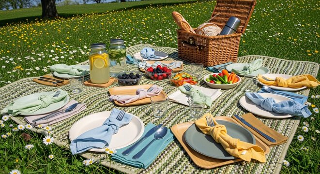 Beautifully set picnic blanket with food and drinks in a sunny park