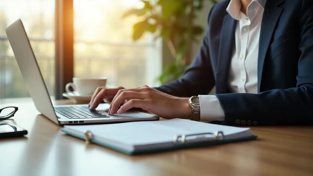 Professional seated at sleek desk typing responses on laptop, surrounded by notebook, coffee, and eyeglasses, bathed in afternoon light, catching up on emails in modern office.