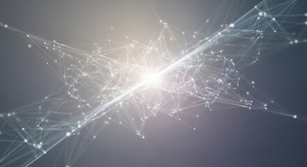 An abstract technological background of glowing light particles and connected lines, forming a complex network in a clean and futuristic grey and white palette