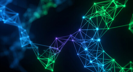 An abstract technological background with glowing green and blue lines connecting points, forming a complex network or a digital molecular structure.