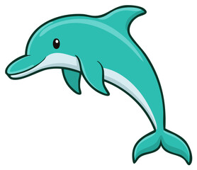 Obraz premium Cartoon dolphin illustration of a teal sea animal jumping with a fun cute expression isolated on white
