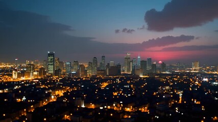 Urban Skyline at Twilight: High-Resolution Stock Photo of City Lights Transitioning Under Pastel Skies with Empty Space for Text - Perfect for Metropolitan Themes