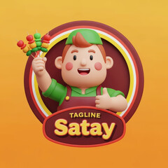Satay Food Logo 3D Cartoon Chef Mascot with Skewers Vector Illustration