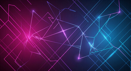An abstract technological background of glowing neon lines creating a complex network of connections, in a vibrant blue and pink palette.