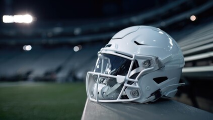 White football helmet rests on stadium railing