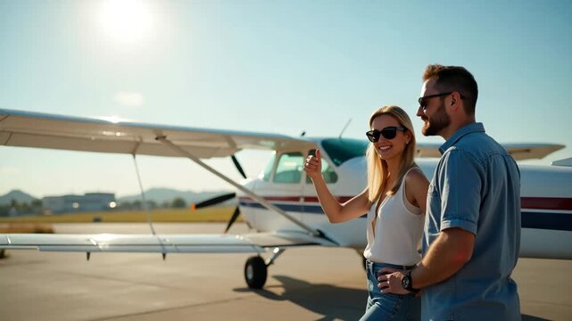 Pilot and Tourist Thumbs Up After Smooth Landing: Vintage Biplane Illustrating Friendly Aviation Hospitality & Personalized Charter Service Branding