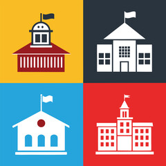 School campus building icons on colorful square backgrounds, minimalist silhouettes, flat vector set