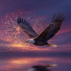 Obraz premium Bald eagle soaring over fireworks-lit sky