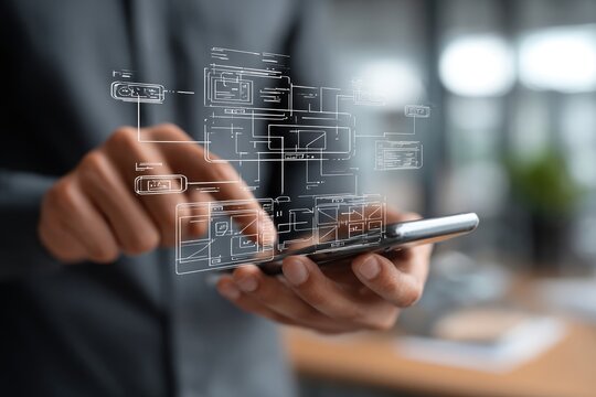 Person interacts with a holographic website design overlay on a smartphone