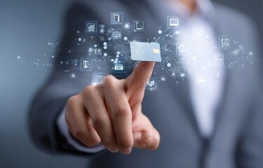 Businessperson's hand points at a digital credit card with overlaying data icons