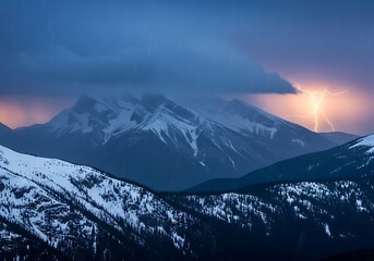 Lightning Strikes Behind Snow-Capped Mountains Under Stormy Sky at Dusk
