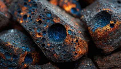 Close-up of dark, textured rocks with vibrant blue and orange spots