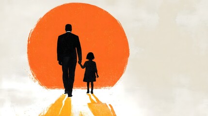 Father and daughter walking away from a large orange circle.