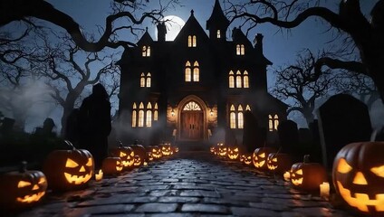 Spooky haunted mansion with pumpkins on Halloween night - Powered by Adobe