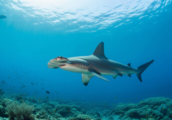 Obraz premium Ocean predator: a hammerhead shark swimming in the clear, sunlit waters above a coral reef environment.