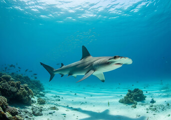 Fototapeta premium Ocean predator: a hammerhead shark swimming in the clear, sunlit waters above a coral reef environment.