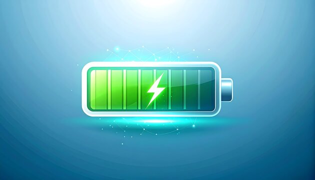 Battery icon with a full charge. Bright glowing graphic